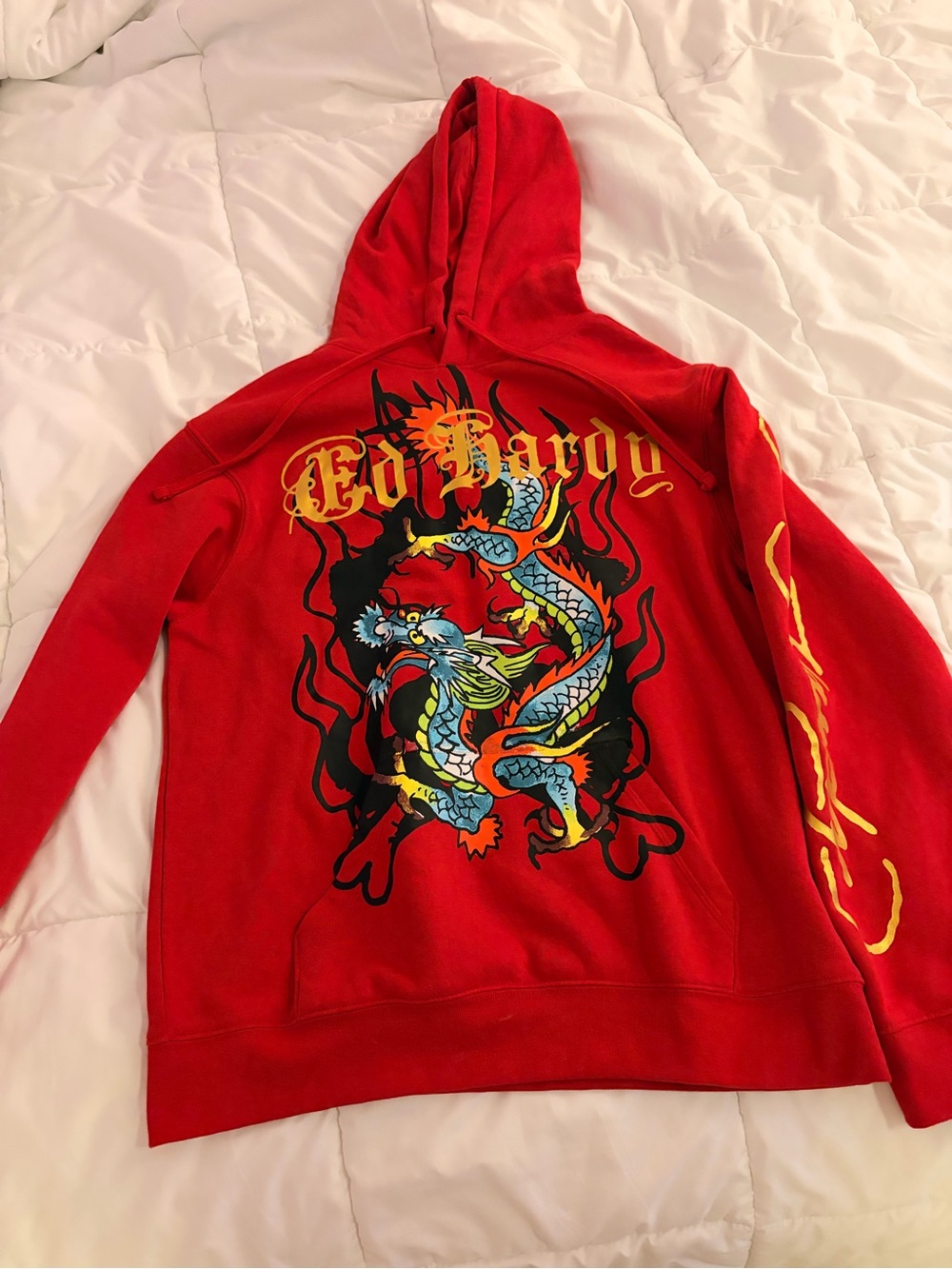 Ed Hardy Red Hoodie with Multicolor Dragon Graphic